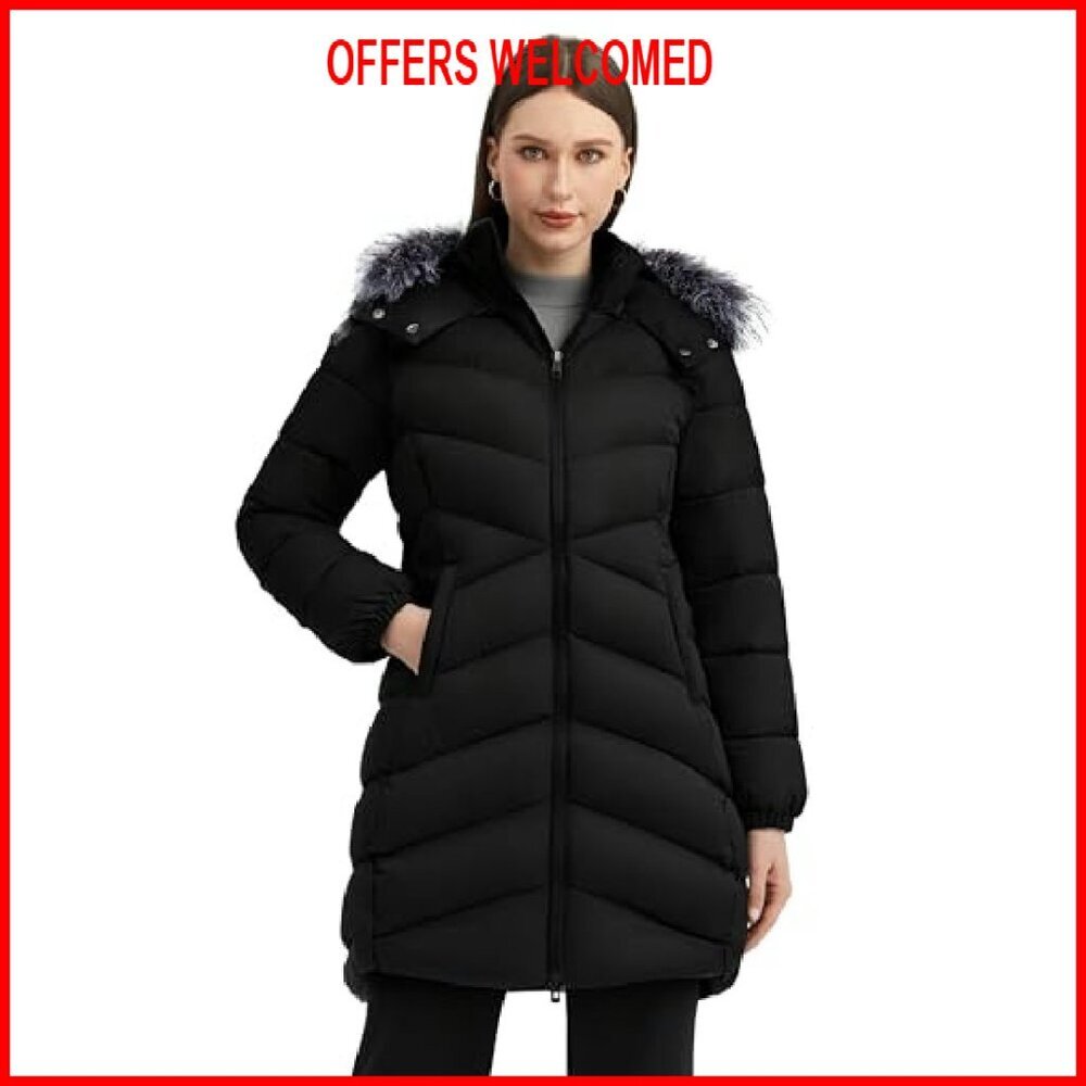 Women's Long Puffer Coat Lightweight Warm Jacket with Hood - Picture 3 of 7
